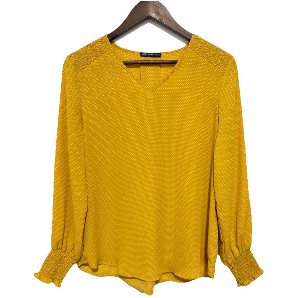 Adrianna Papell Yellow Polka Dot Blouse Womens Medium Smocked Cuff Long Sleeve